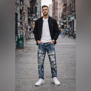 Mens 30x32 WD&F Moto Jeans Acid Wash Distressed Zipper Knee Denim